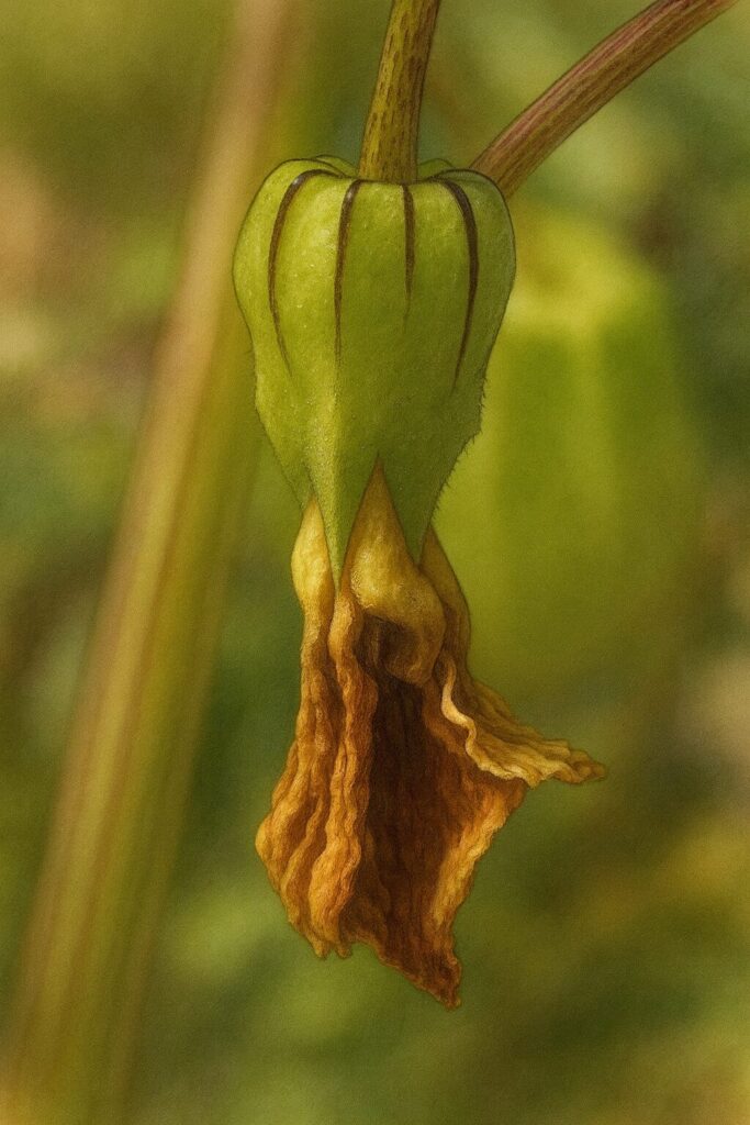 秋の日本で見られるヒロハフウリンホオズキの花後の姿をリアルに描いた植物イラスト。緑の萼と茶色い枯れ花を丁寧に表現