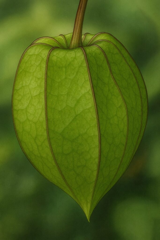 秋の日本で見られるヒロハフウリンホオズキの緑色の袋状の実をリアルに描いた植物イラスト