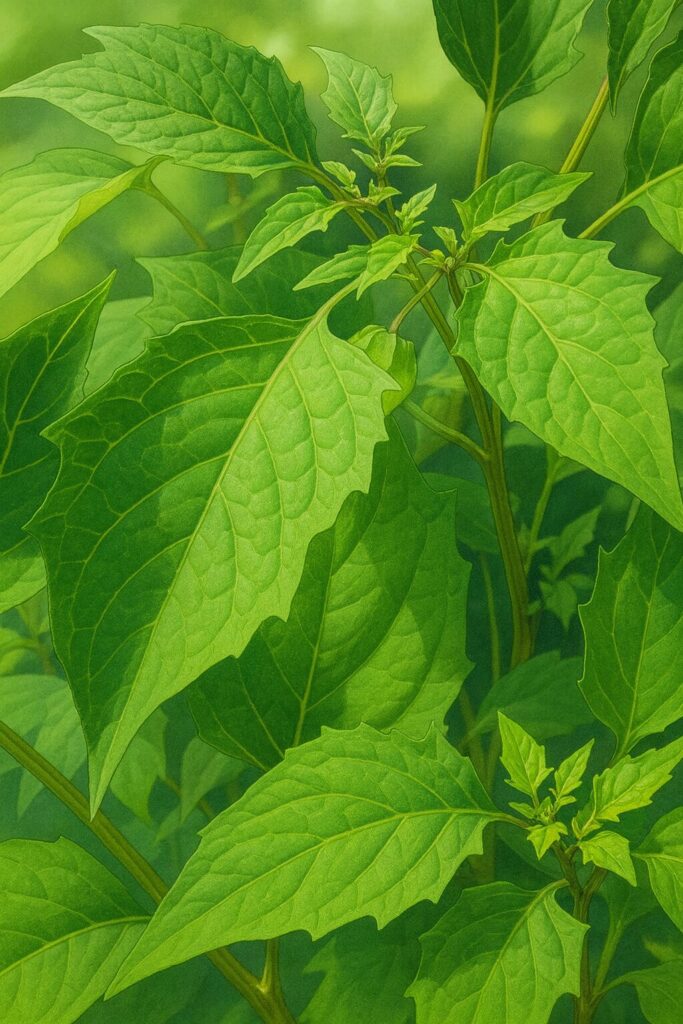 秋の日本で見られるヒロハフウリンホオズキの緑の葉を日光の下でリアルに描いた植物イラスト