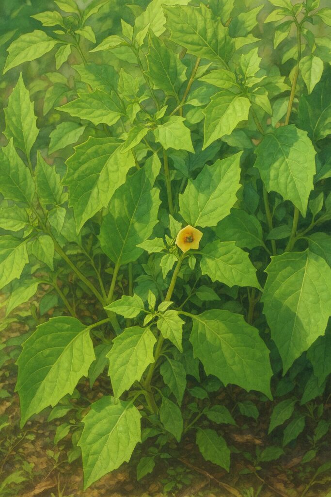 秋の日本で咲くヒロハフウリンホオズキの株全体をリアルに描いた植物イラスト。緑の葉と淡い黄色の花を自然光で表現