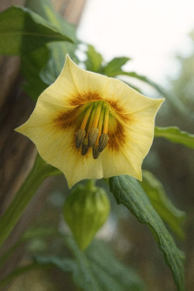 秋の日本で咲くヒロハフウリンホオズキの淡い黄色の花を下から見上げる構図でリアルに描いた植物イラスト