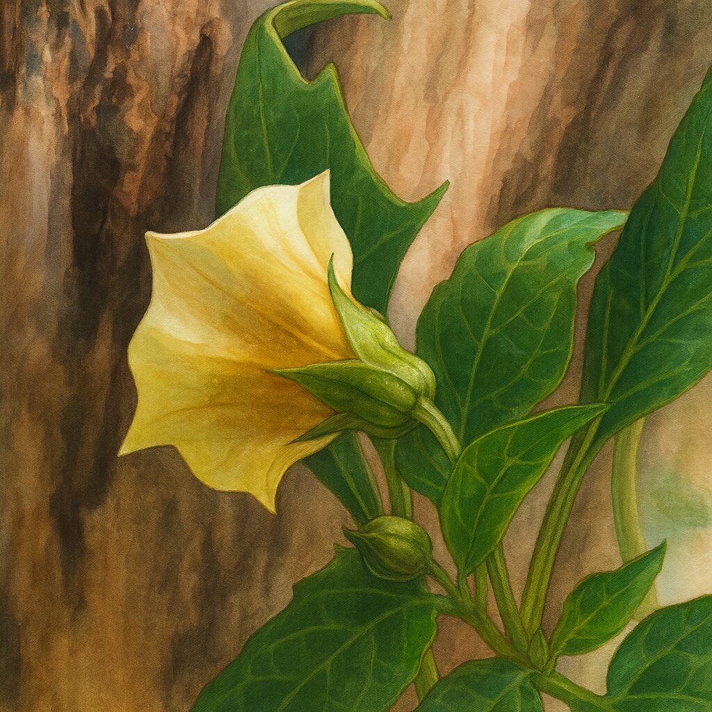 秋の日本で木のそばに咲くヒロハフウリンホオズキの淡い黄色の花を横から見た構図でリアルに描いた植物イラスト