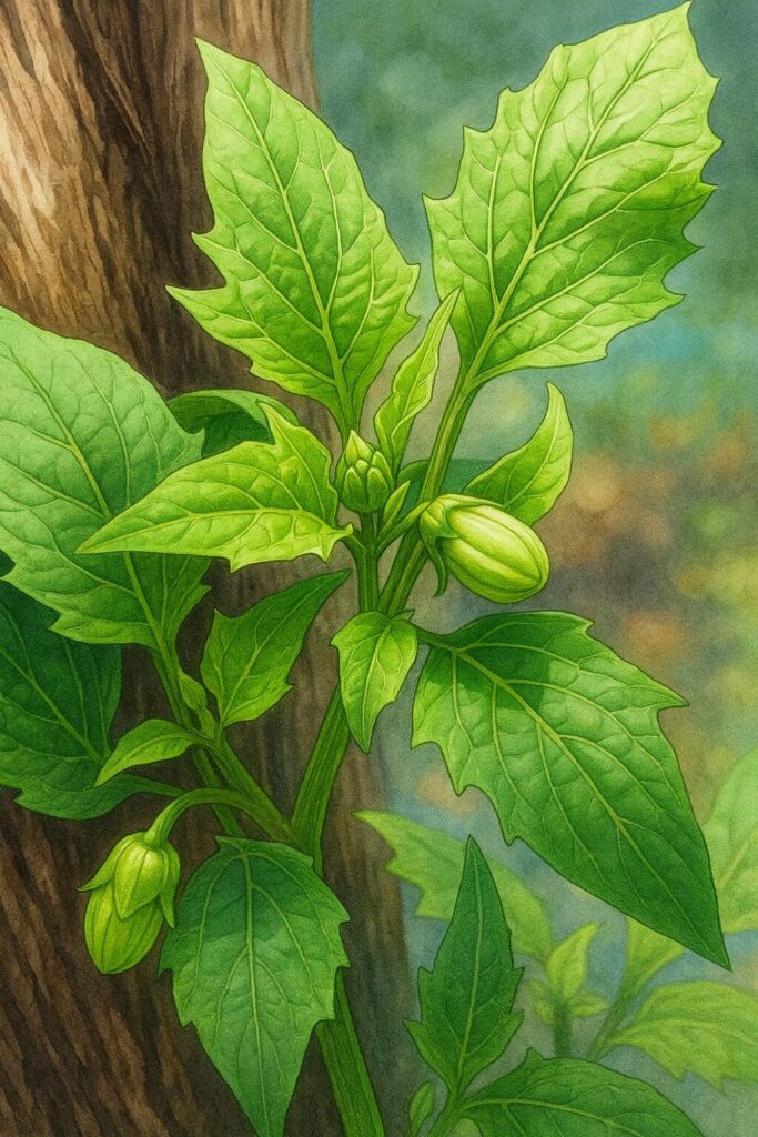 ヒロハフウリンホオズキの蕾と葉を写実的に描いた植物イラスト。明るい自然光の中で緑の葉の質感とつぼみの立体感を丁寧に表現。