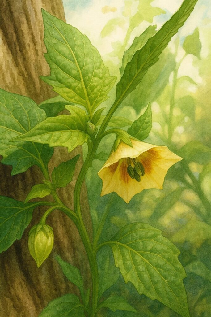 ヒロハフウリンホオズキの花を写実的に描いた植物イラスト。淡いクリーム色の花びらと橙色の模様、緑の葉を柔らかな光の中で丁寧に表現。