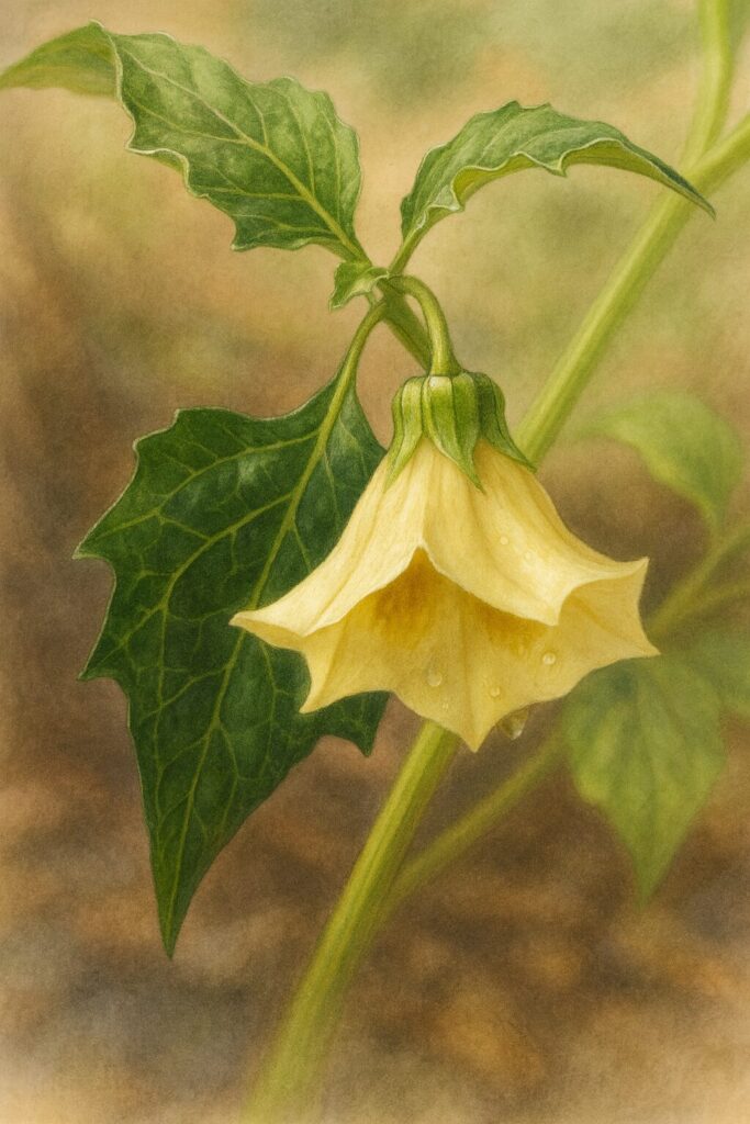 ヒロハフウリンホオズキの花を写実的に描いた植物イラスト。淡い黄色の花びらと雨のしずく、葉の細かな質感を自然光の中で繊細に表現。