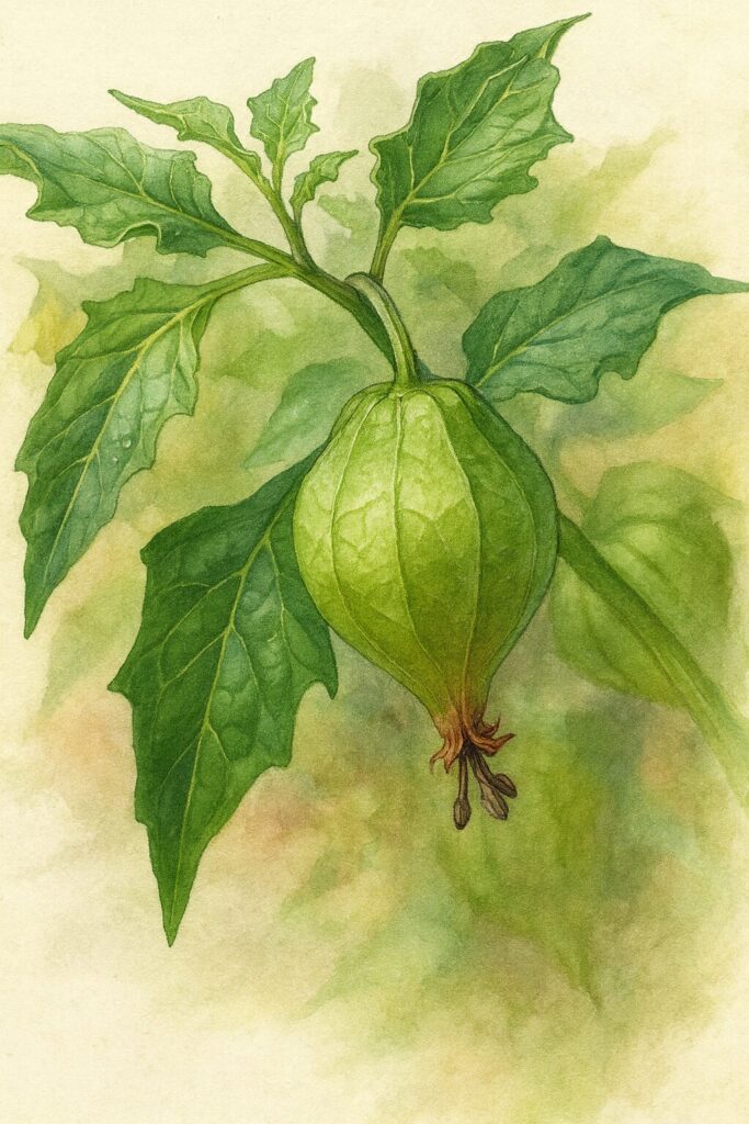 ヒロハフウリンホオズキの若い実を写実的に描いた植物イラスト。薄緑色の萼に包まれた実と葉脈の質感を繊細に表現し、柔らかな光に包まれた作品。