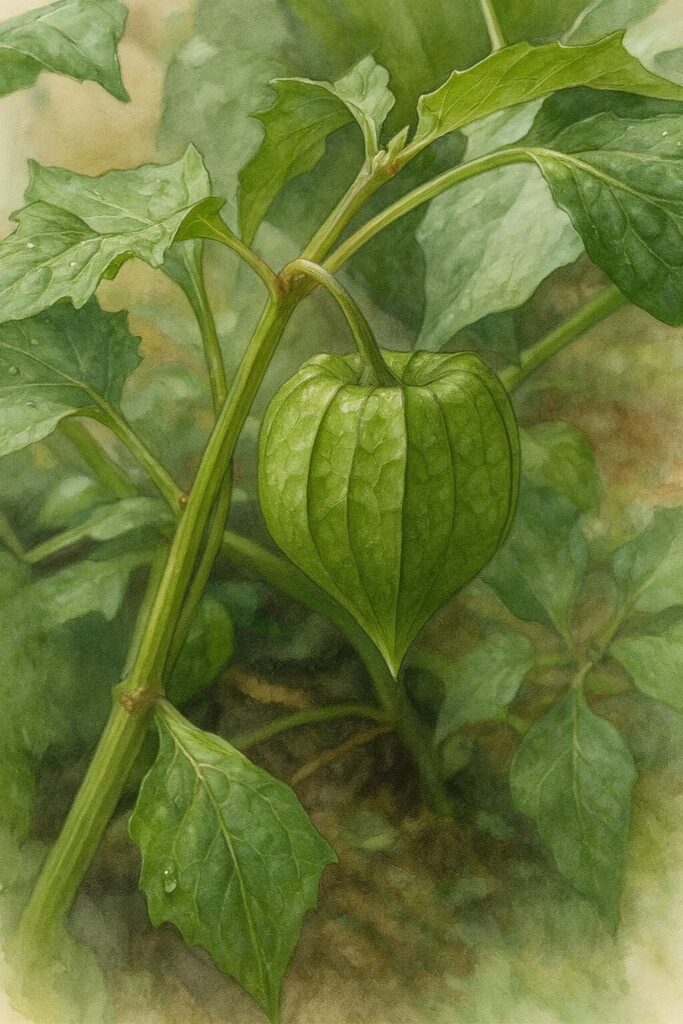 ヒロハフウリンホオズキの実を写実的に描いた植物イラスト。緑の萼に包まれた膨らんだ実と葉の質感を繊細に表現し、背景を柔らかくぼかした自然描写。