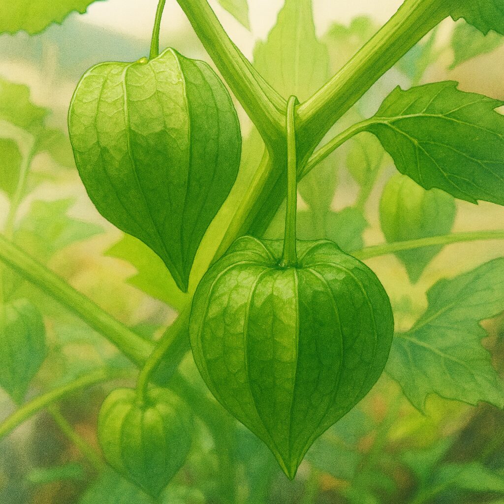 ヒロハフウリンホオズキの実を写実的に描いた植物イラスト。緑の萼に包まれた実がいくつも連なり、自然光の中で瑞々しく表現された構図。