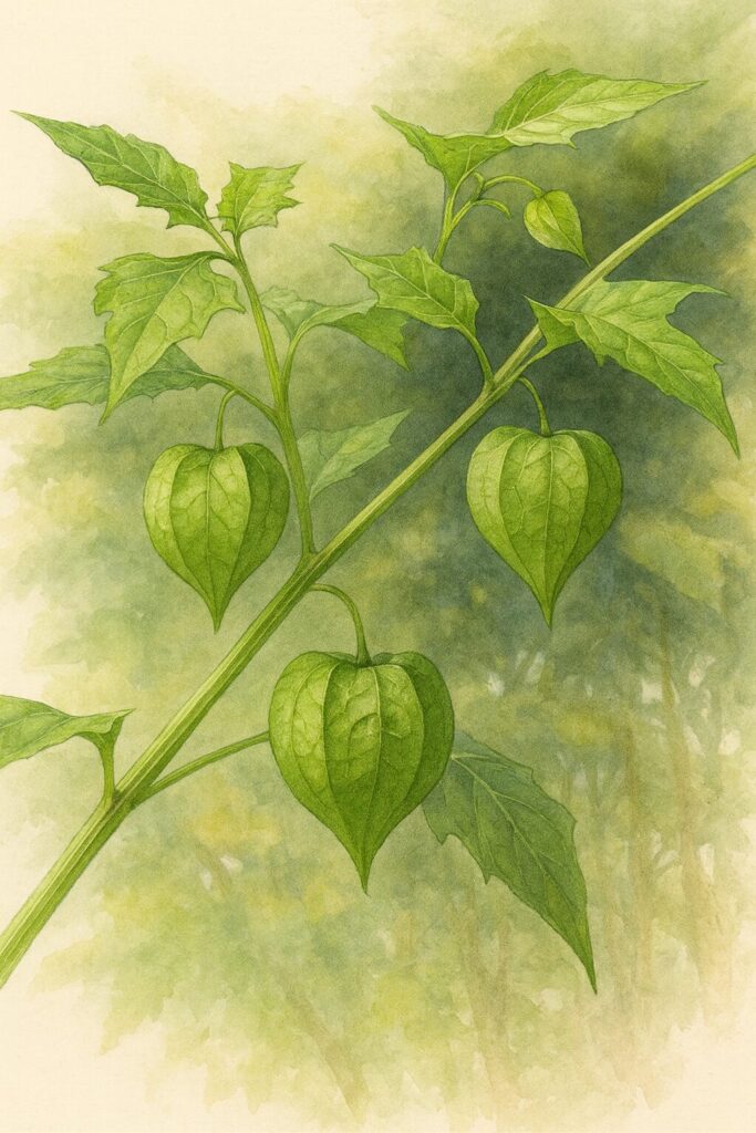 ヒロハフウリンホオズキの実を写実的に描いた植物イラスト。茎に連なる緑色の萼に包まれた実と葉を柔らかな光で表現した図鑑風の作品。