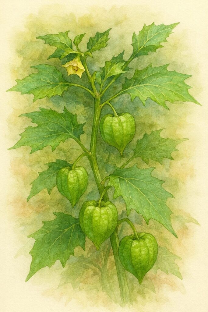 ヒロハフウリンホオズキの全体を写実的に描いた植物イラスト。緑の萼に包まれた実と淡い花、鋭い葉の形を繊細に表現した図鑑風の作品。