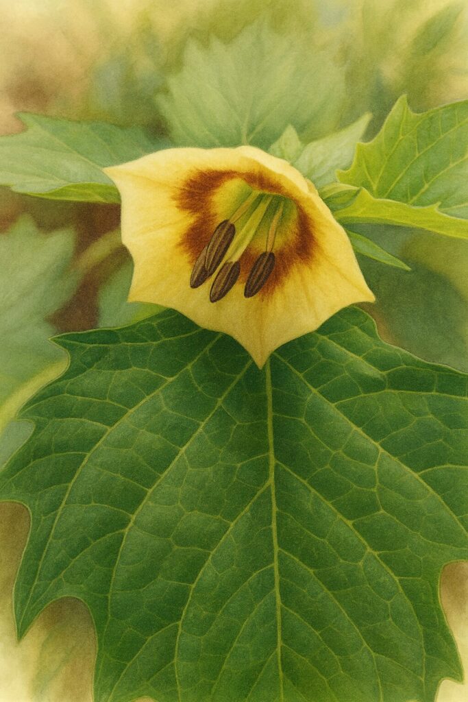 ヒロハフウリンホオズキの花を写実的に描いた植物イラスト。淡黄色の花びらと橙色の模様、黒い雄しべを繊細な筆致で表現した図鑑風作品。