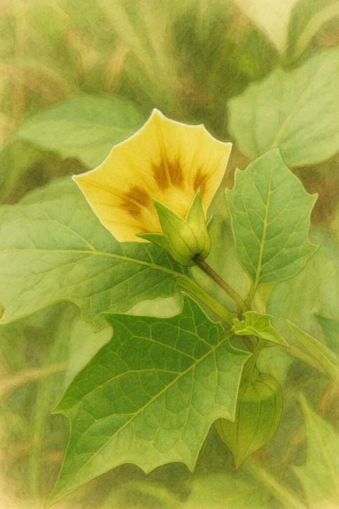 ヒロハフウリンホオズキの花を横から見た写実的な植物イラスト。淡黄色の花びらと茶褐色の模様、葉脈の細部を丁寧に描いた自然風の作品。