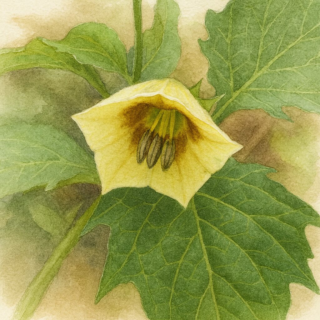 ヒロハフウリンホオズキの花を写実的に描いた植物イラスト。淡黄色の花びらと茶褐色の模様、黒い雄しべを柔らかな光の中で繊細に表現した図鑑風作品。