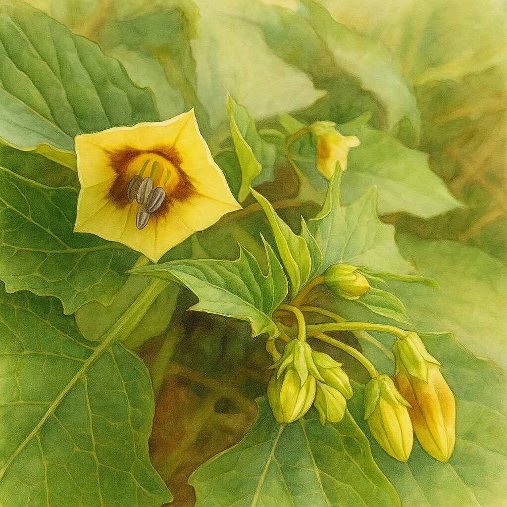 ヒロハフウリンホオズキの花とつぼみを写実的に描いた植物イラスト。淡黄色の花びらと茶色の模様、つぼみの瑞々しさを繊細なタッチで表現した作品。