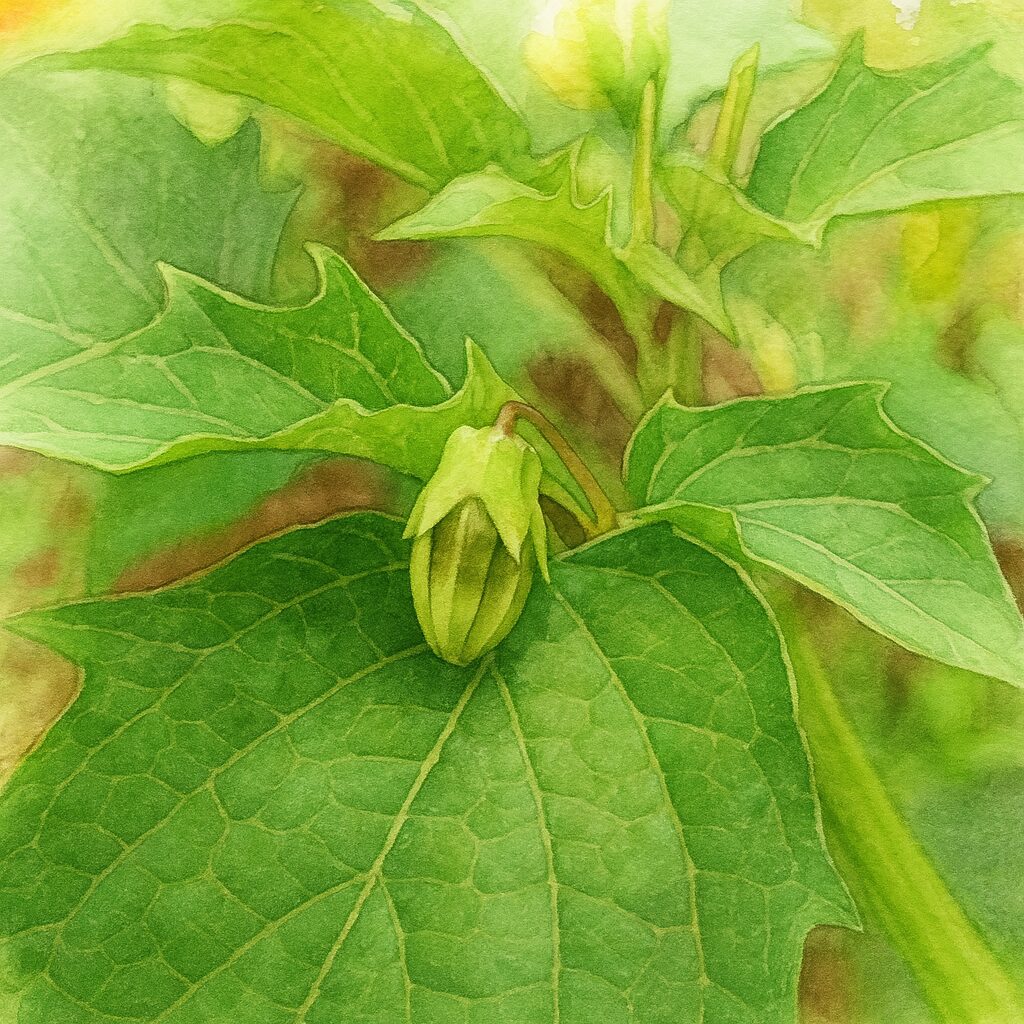 ヒロハフウリンホオズキのつぼみを写実的に描いた植物イラスト。葉の上に乗る淡い黄緑色のつぼみと葉脈の質感を繊細に表現した作品。