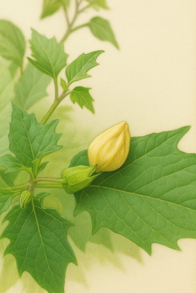 ヒロハフウリンホオズキのつぼみを横から描いた写実的な植物イラスト。淡い黄色のつぼみと葉脈のディテールを繊細に表現した自然風の作品。