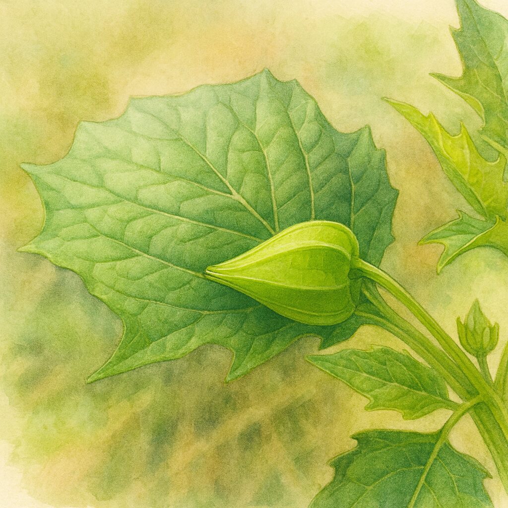 ヒロハフウリンホオズキのつぼみを写実的に描いた植物イラスト。緑の萼と葉脈の細部を丁寧に表現し、柔らかな背景で自然の美しさを際立たせた作品。