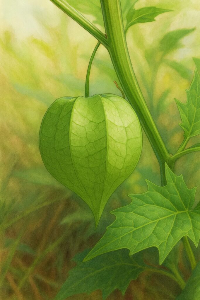 ヒロハフウリンホオズキの緑色の実を写実的に描いた植物イラスト。柔らかな背景と光の表現で、萼の質感と葉脈の細部を丁寧に再現した作品。