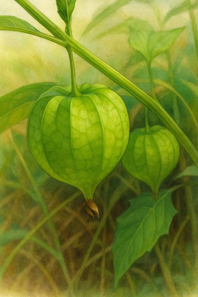 ヒロハフウリンホオズキの緑色の実を写実的に描いた植物イラスト。前後の実の立体感と萼の葉脈を繊細に表現したナチュラルな植物図鑑風作品。