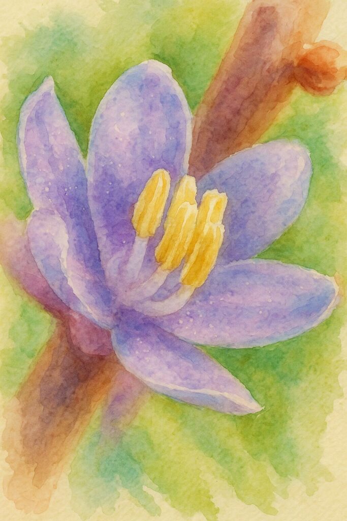 ヤブランの紫色の花を水彩画風で描いたイラスト｜黄色い雄しべが際立つ繊細なボタニカルアート