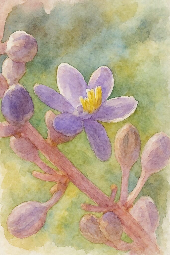 ヤブランの小さな紫色の花を水彩画風で描いたイラスト｜黄色い雄しべとつぼみが際立つボタニカルアート