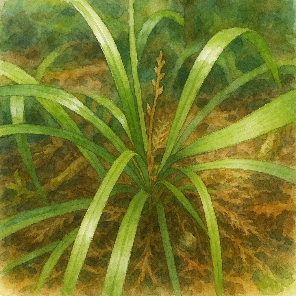 ヤブランの株元の葉を水彩画風で描いたイラスト｜放射状に広がる細長い葉が際立つボタニカルアート