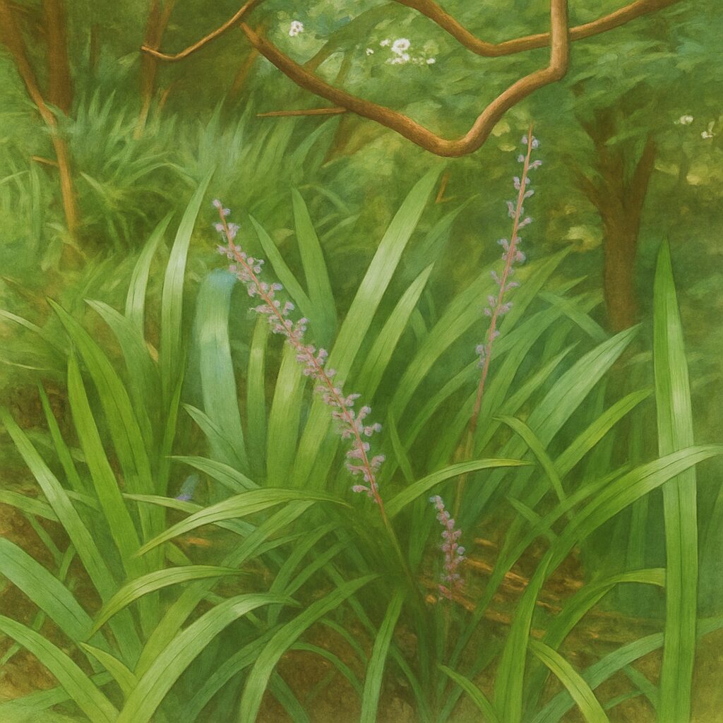 ヤブランの群生を水彩画風で描いたイラスト｜緑の葉の中に伸びる紫色の花穂が映えるボタニカルアート