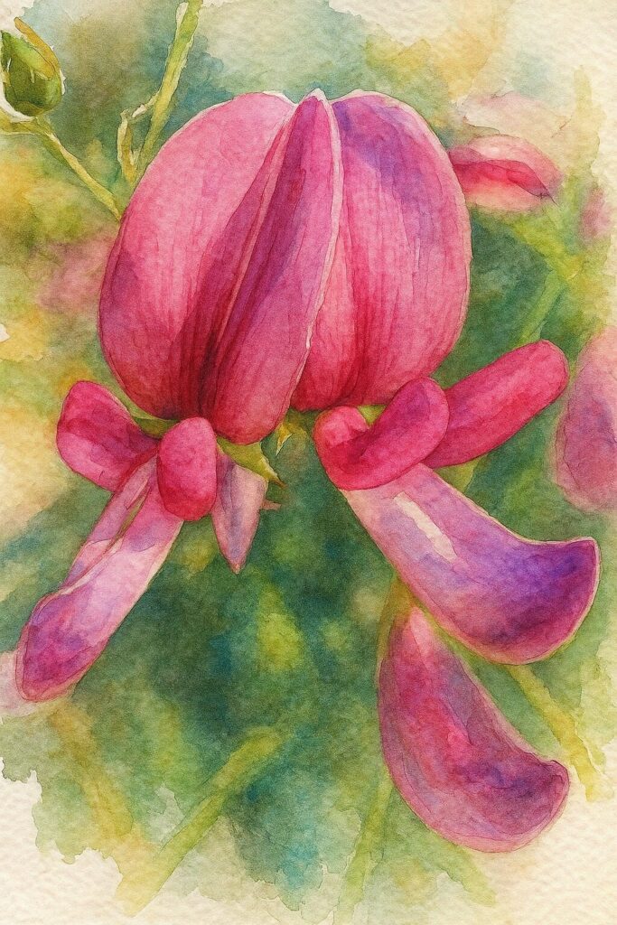 日本の秋の野花ミヤギノハギのピンクの花をプロレベルの水彩画風で描いたイラスト