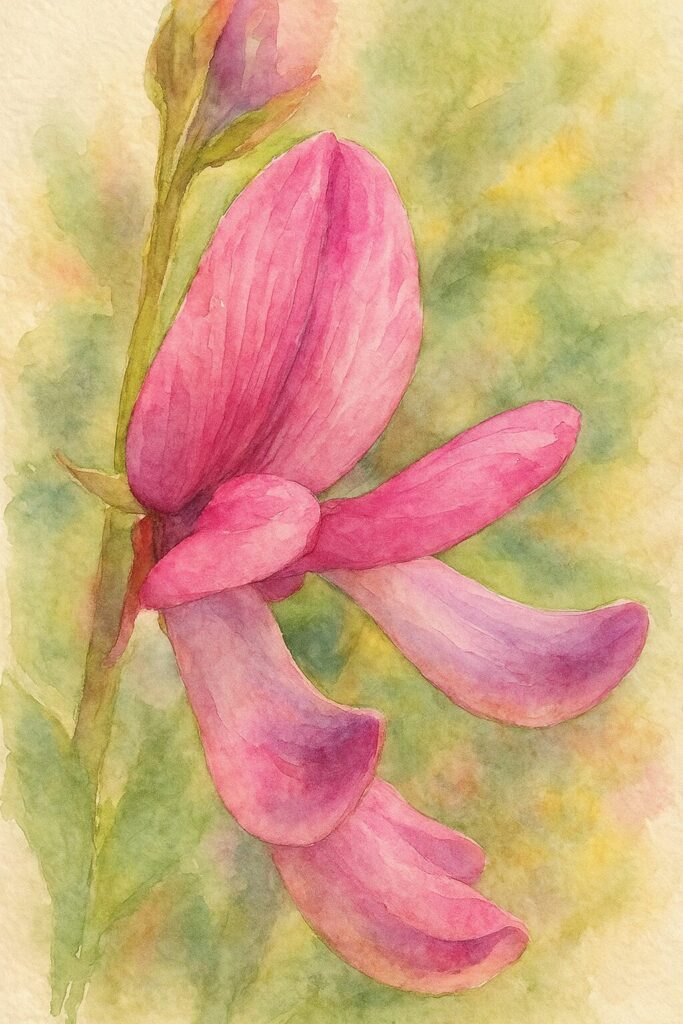 日本の秋の野花ミヤギノハギのピンク色の花を横構図で描いたプロレベルの水彩画風イラスト