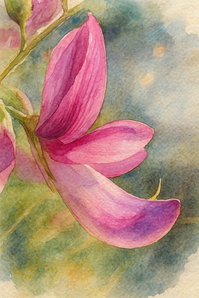 日本の秋の野花ミヤギノハギを逆光で透けるピンク色の花弁を描いたプロレベルの水彩画風イラスト