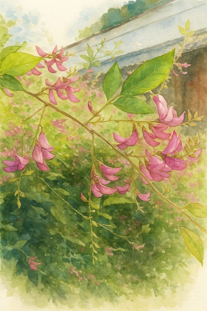 日本の庭を背景に、ミヤギノハギのピンク色の小花が枝に連なって咲く情景を柔らかい水彩画風で描いたイラスト