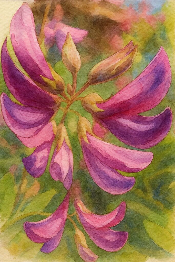 ミヤギノハギの紫がかったピンク色の花弁が放射状に開く姿を正面構図で描いたプロレベルの水彩画風イラスト