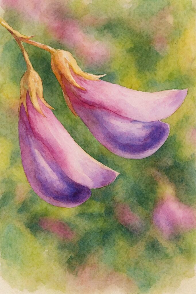 ミヤギノハギの紫がかったピンク色の花弁が2輪並んで下垂する姿を柔らかい水彩画風で描いたプロレベルのイラスト