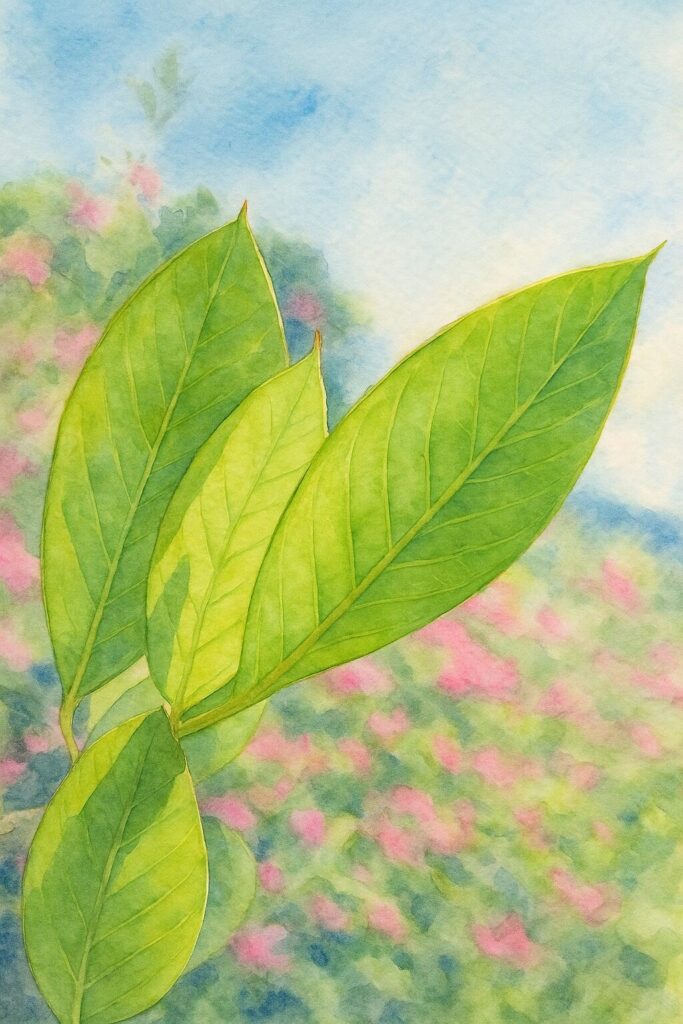 青空を背景にミヤギノハギの明るい黄緑色の葉が透ける様子を柔らかい水彩画風で描いたイラスト