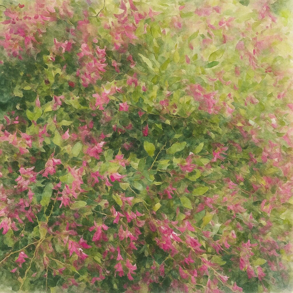 日本の秋の野花ミヤギノハギが一面に茂り無数のピンクの小花が密に広がる様子を柔らかい水彩画風で描いたイラスト