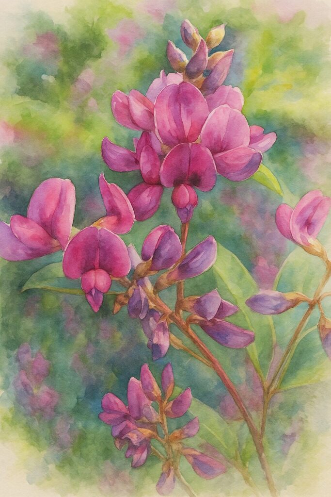 ミヤギノハギの濃いピンクから紫がかった花弁が密に集まって咲く姿を柔らかい水彩画風で描いたイラスト