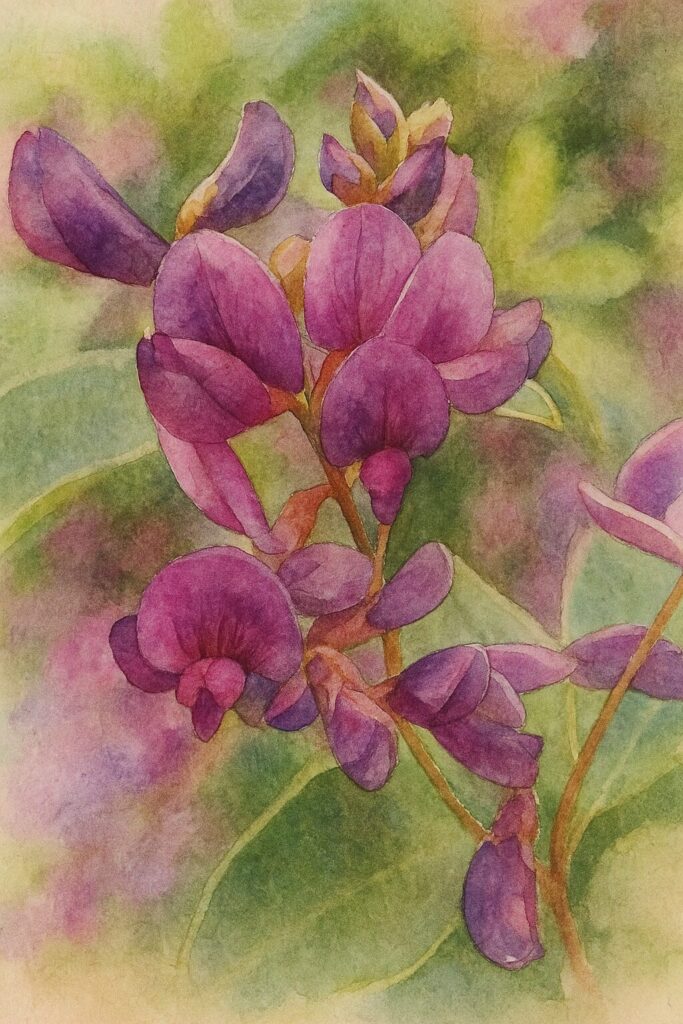 ミヤギノハギの紫がかったピンク色の花弁が立体的に重なり合う様子を柔らかい水彩画風で描いたイラスト