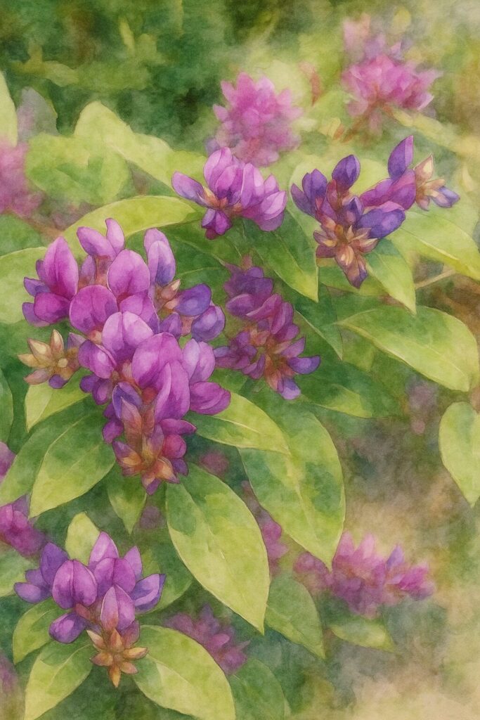 ミヤギノハギの紫がかったピンク色の花が葉の上に密にまとまって咲く様子を柔らかい水彩画風で描いたイラスト