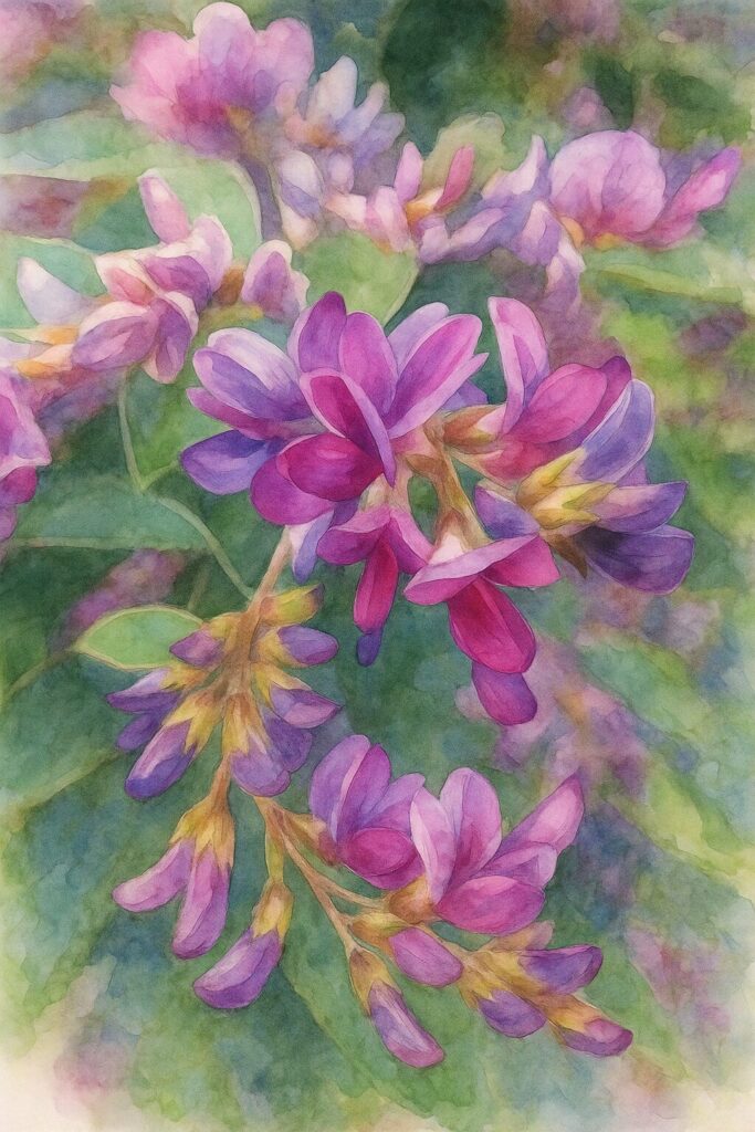 ミヤギノハギの紫がかったピンク色の花が前ボケ背景の中で柔らかく浮かぶように見える様子を水彩画風で描いたイラスト