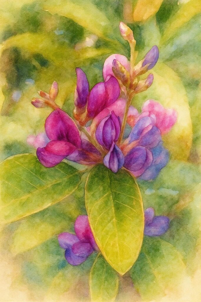 ミヤギノハギの紫がかったピンク色の花を葉と一緒に柔らかい水彩画風で描いたイラスト。背景は緑のにじみ表現