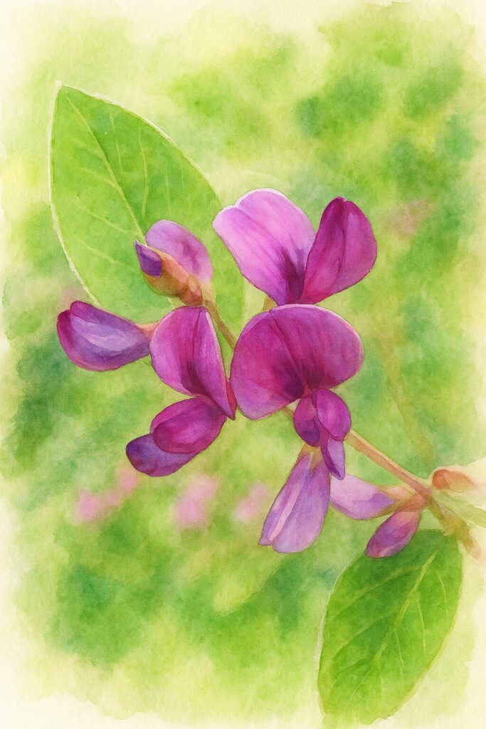 ミヤギノハギの濃いピンクから紫色の花と葉を近接構図で表現した柔らかな水彩画風イラスト