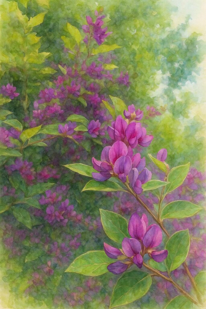 日本の秋の野花ミヤギノハギが濃いピンクから紫色の花を茂らせた姿を柔らかい水彩画風で描いたイラスト