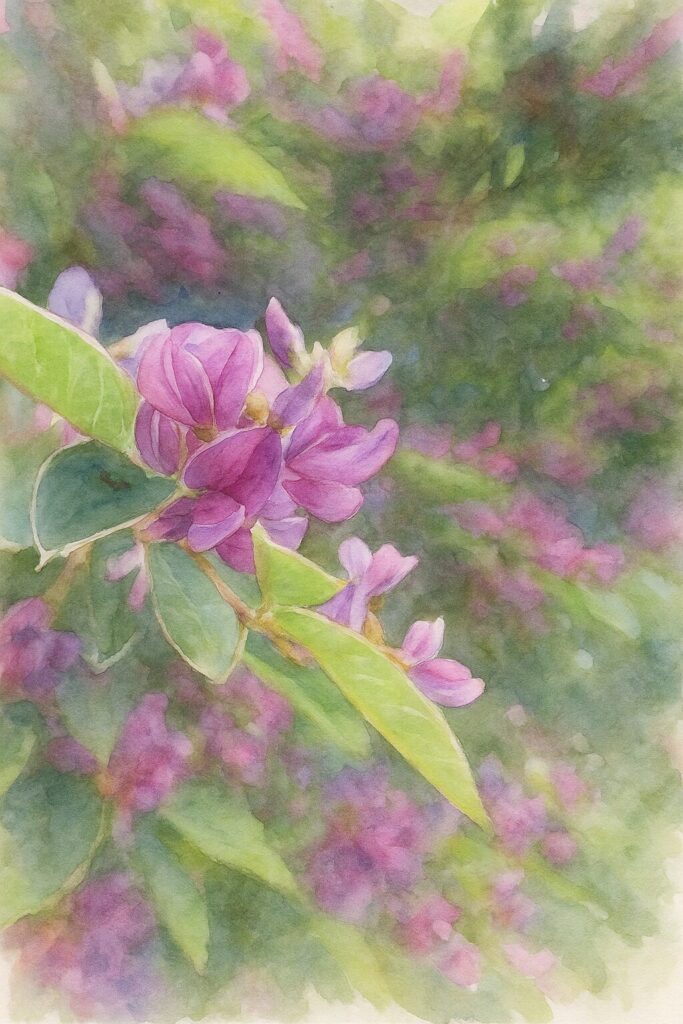 ミヤギノハギの紫がかったピンク色の花房を近接構図で表現し、背景を柔らかなにじみで描いた水彩画風イラスト