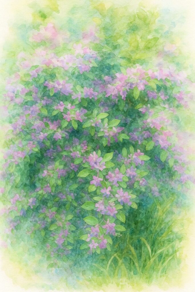 日本の秋の野花ミヤギノハギが無数の紫がかったピンク色の小花と緑の葉を密に茂らせた姿を柔らかい水彩画風で描いたイラスト