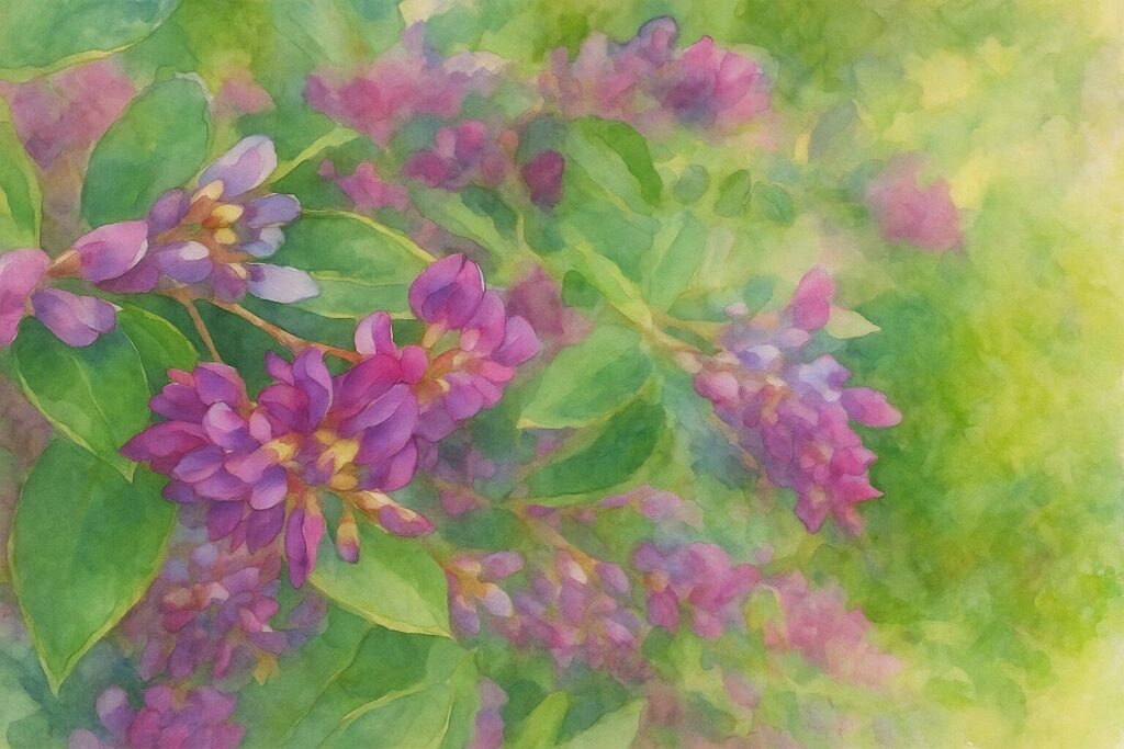 ミヤギノハギの紫がかったピンク色の花房が斜めに流れる構図で表現された柔らかな水彩画風イラスト