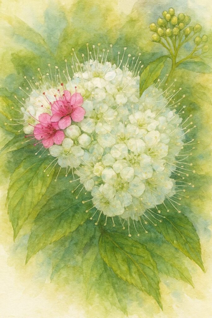 白い花房の中にピンクの花が混じるシモツケを水彩画風に描いたイラスト｜柔らかい淡彩と植物画風タッチ