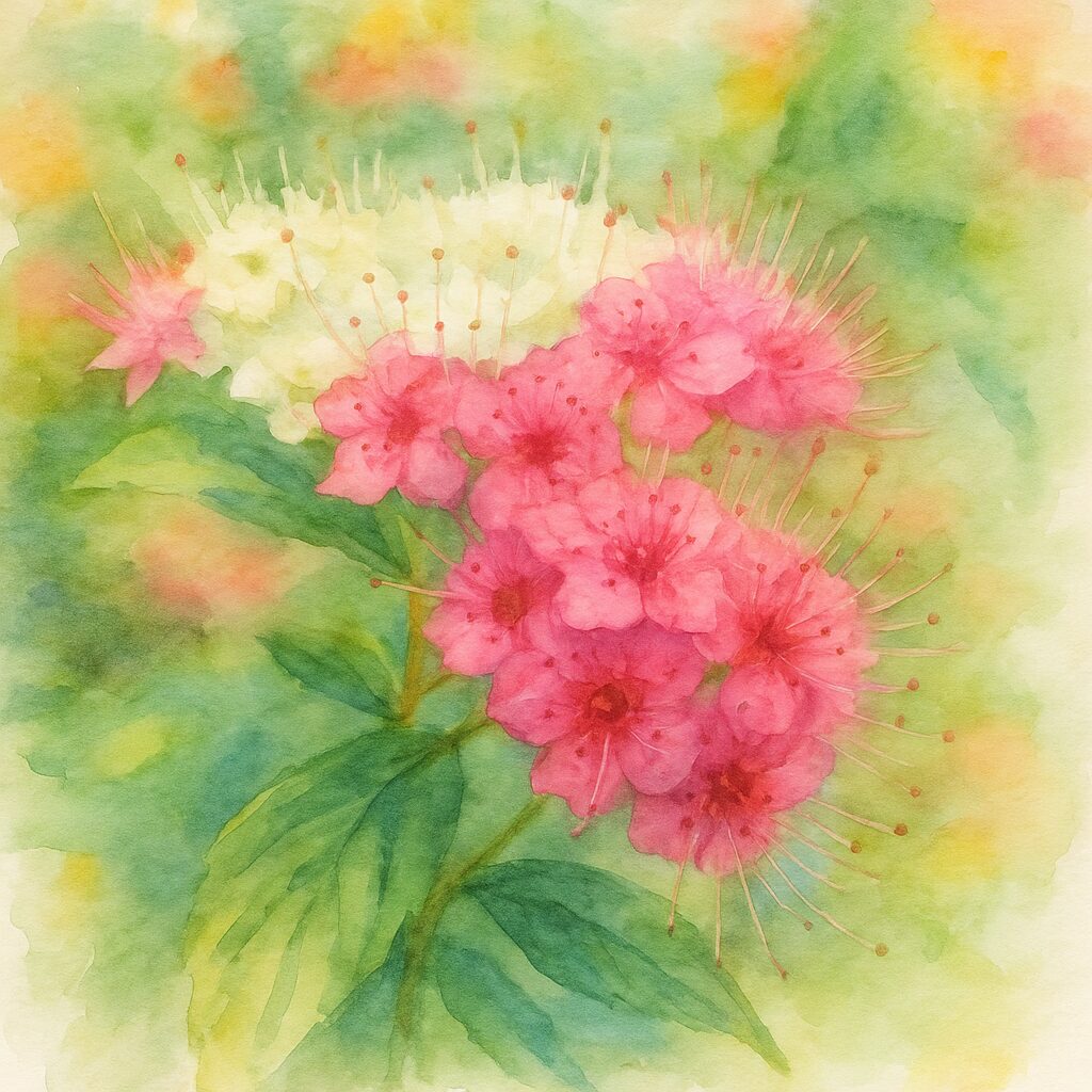 濃いピンクの花房と白い花房を持つシモツケを水彩画風に描いた植物イラスト｜柔らかい背景と淡彩タッチ