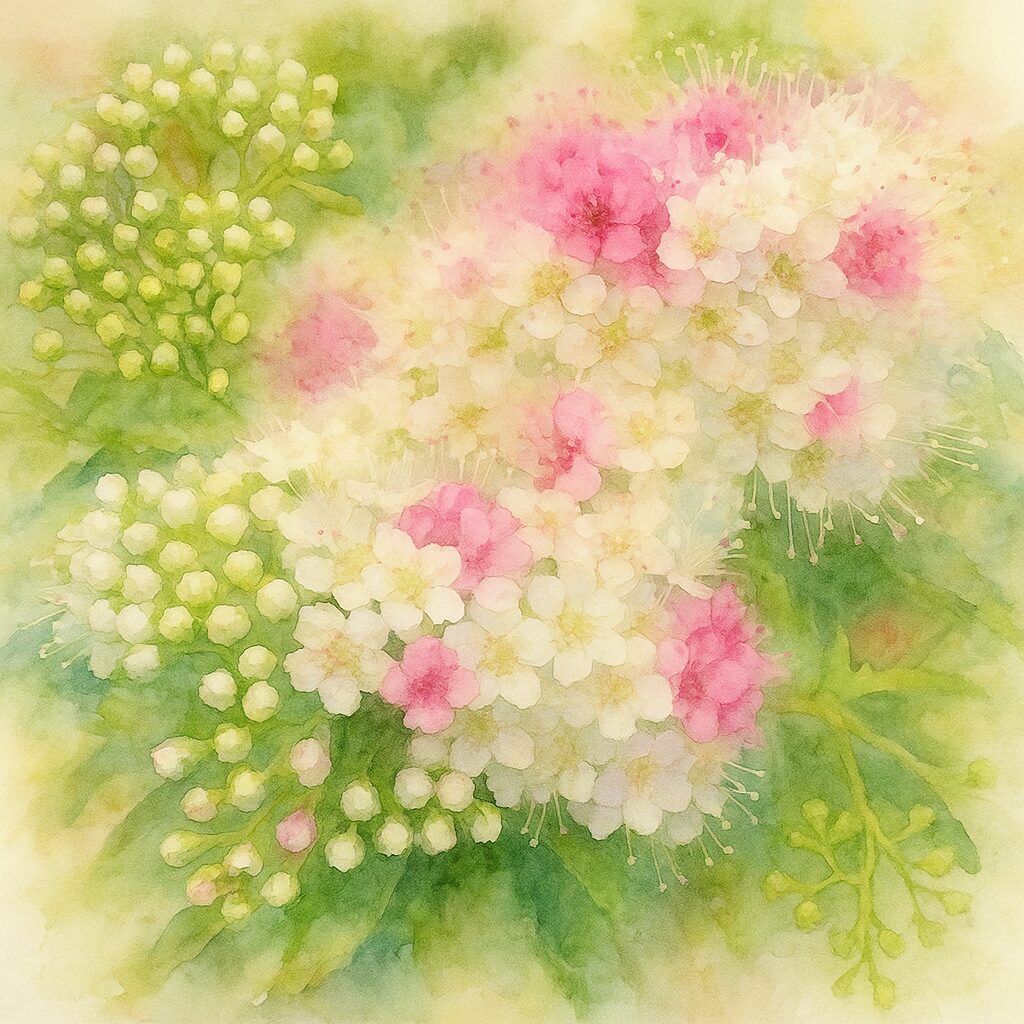 白とピンクの小花が一房に混在するシモツケを水彩画風に描いた植物イラスト｜淡い緑背景で柔らかい雰囲気