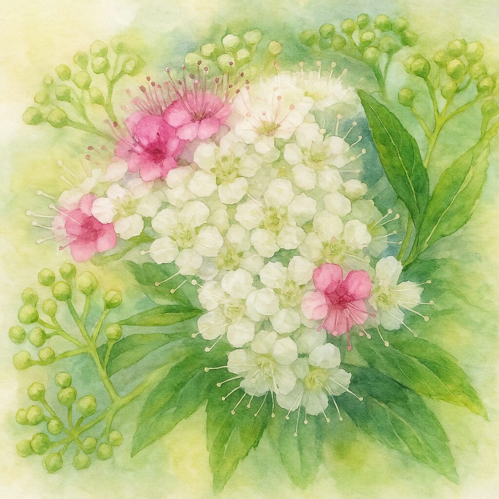 白とピンクの花が混在するシモツケを水彩画風で柔らかく描いた植物イラスト｜蕾と葉も描かれた淡彩タッチ