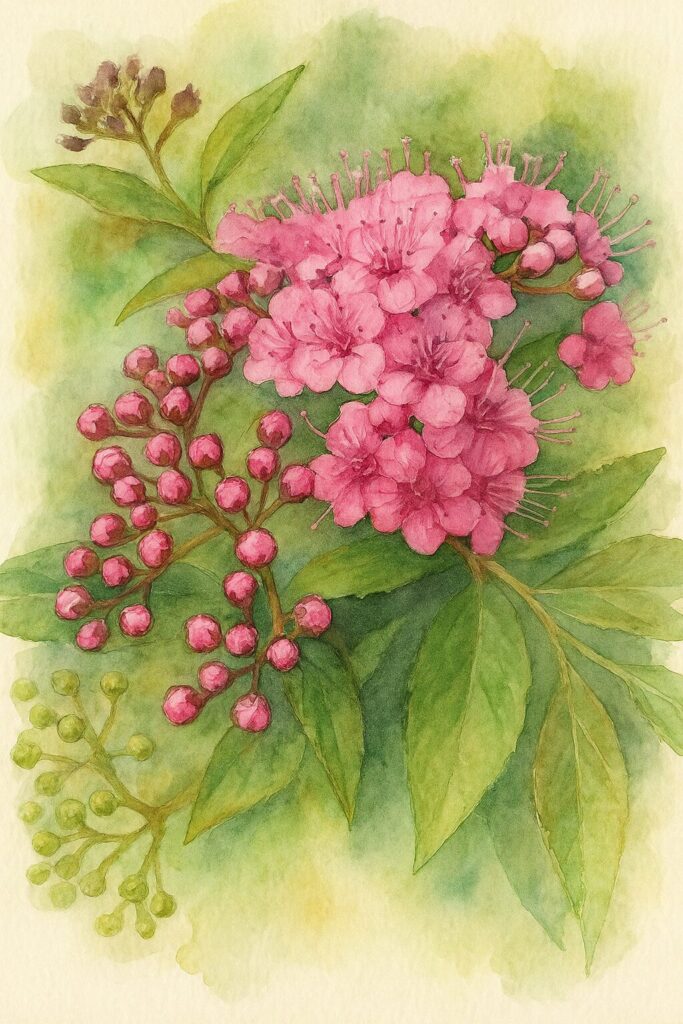 濃いピンクの花房と蕾を持つシモツケを水彩画風に描いた植物イラスト｜淡い背景に浮かぶ鮮やかな花色